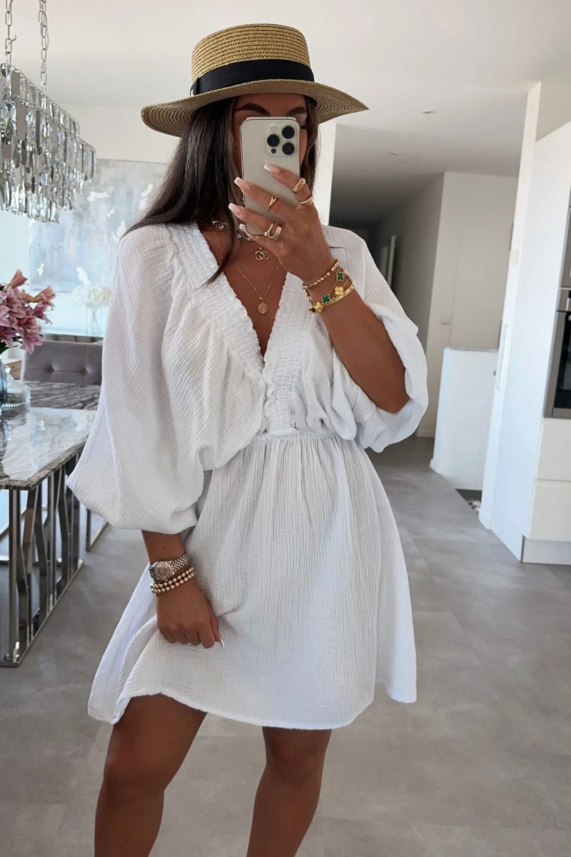 Cheesecloth Ruched Detail V-Neck Dress