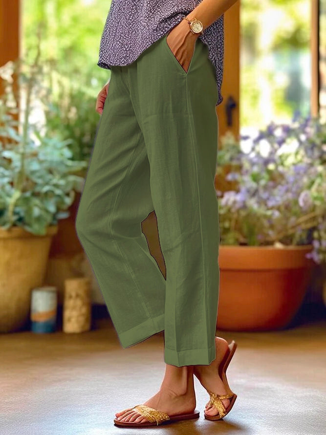 Loose Solid Color Elastic Waist Pocket Straight Cotton And Linen Casual Pants