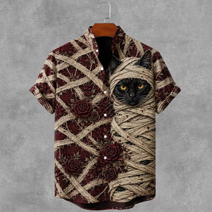 Men's Gothic Bandage Black Cat Rose Art Short Sleeve Linen Shirt