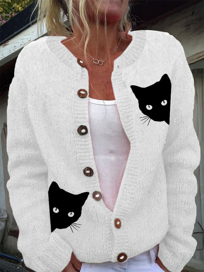 Women's Cat Print Knitted Cardigan