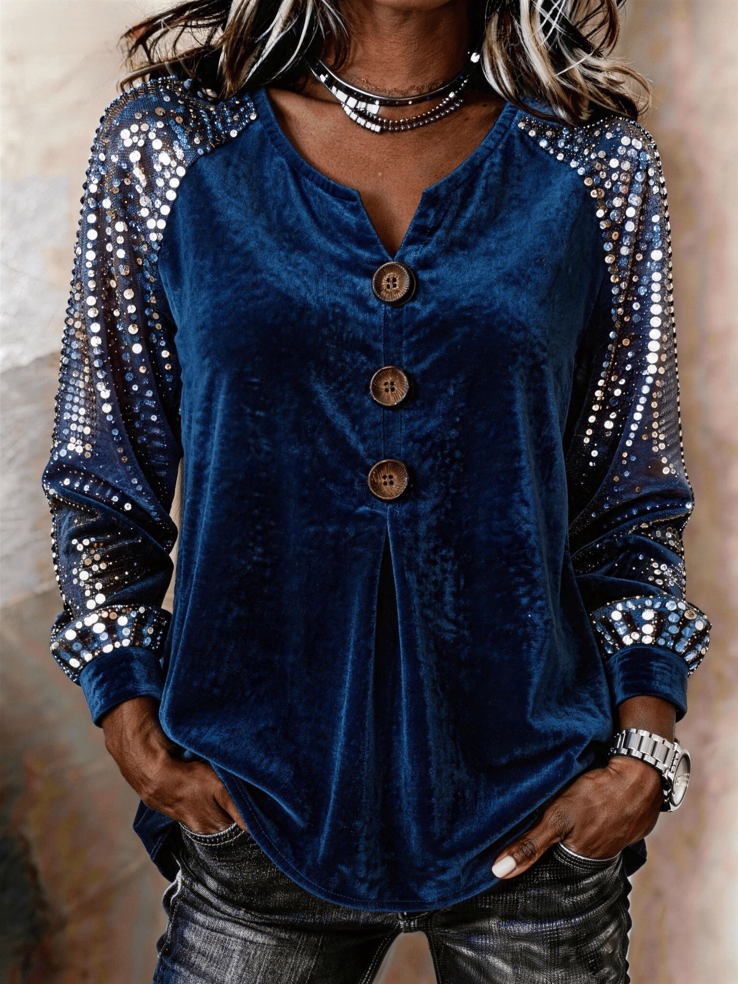 Women's Casual V-Neck Sequin Long-Sleeve Button-Front Top