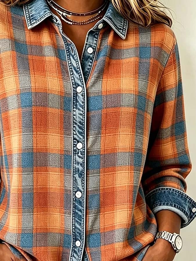 Women'S Casual Denim Patchwork Plaid Shirt