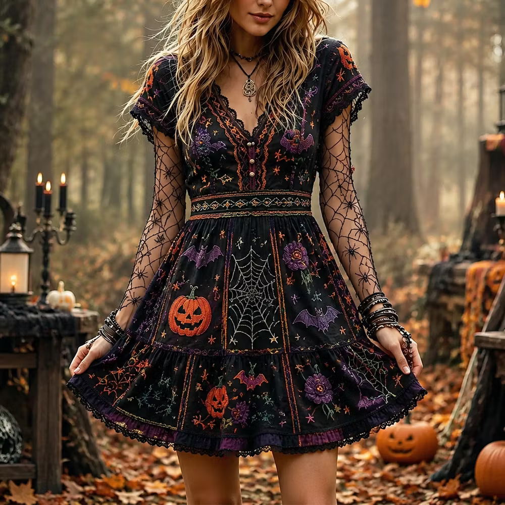 Women's Halloween Gothic Patchwork Spiderweb, Bat & Pumpkin Print Short Dress