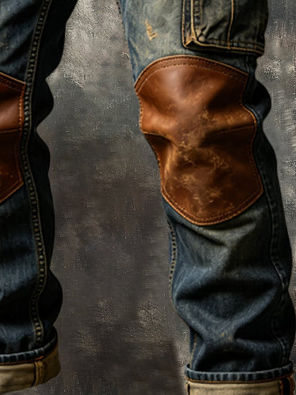 Men's Vintage Denim & Leather-Panel Multi-Pocket Utility Pants