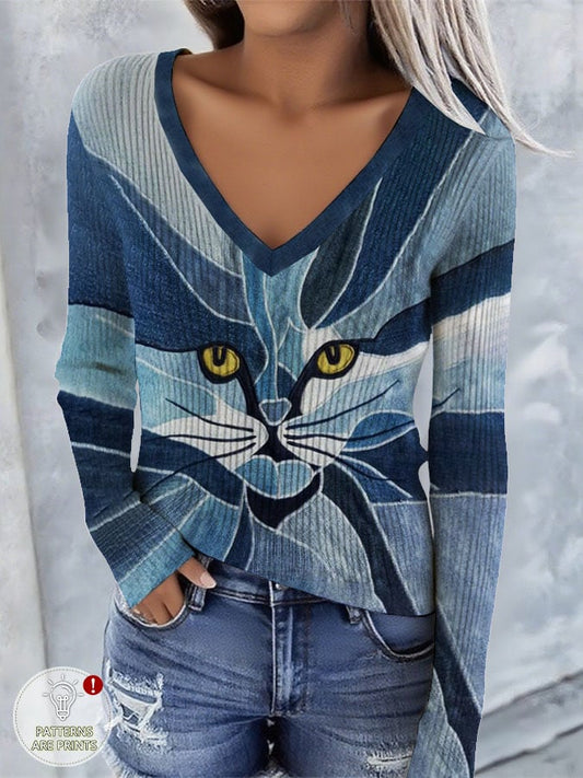 Women's Vintage Animal Cat Print Knit Top