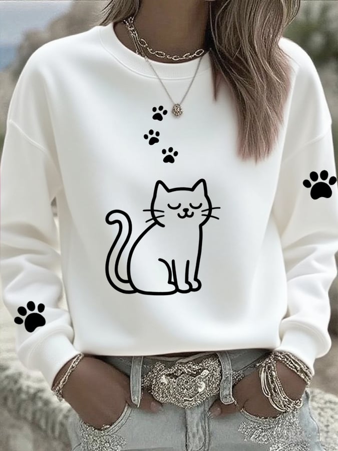 Women'S Cute Cat Print Crew Neck Sweatshirt