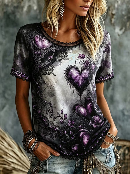 Women's Retro Heart Floral Dark Round Neck Short Sleeve T-shirt