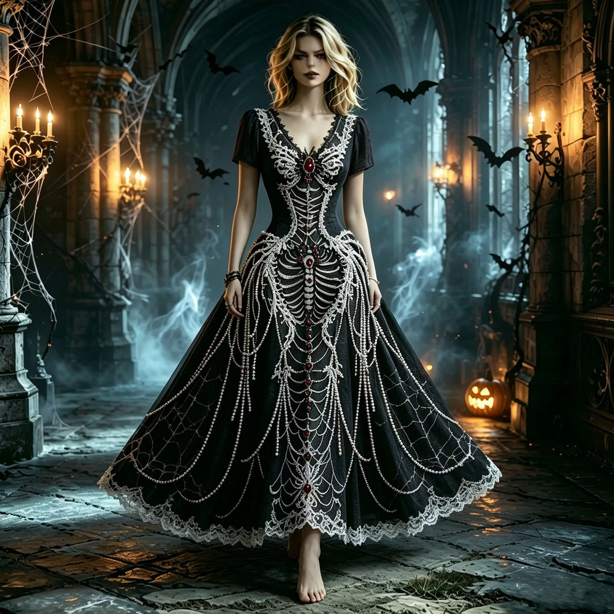 Gothic Retro Skull Spider Web Lace Maxi Dress