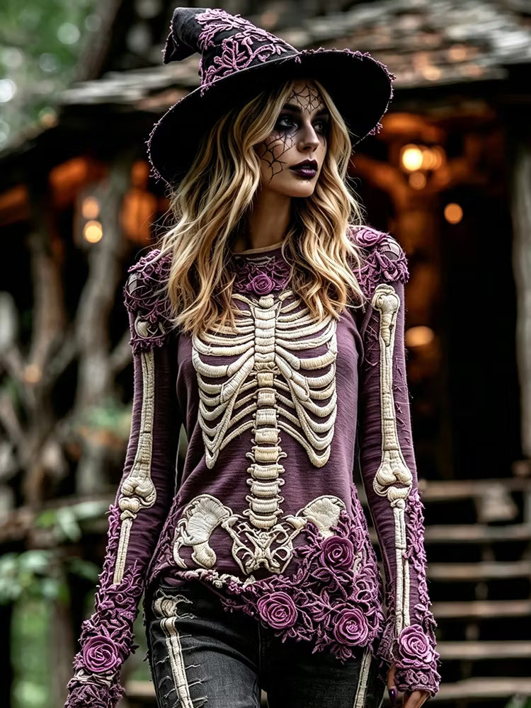 Women's Halloween Rose Floral Skull Crew Neck T-shirt