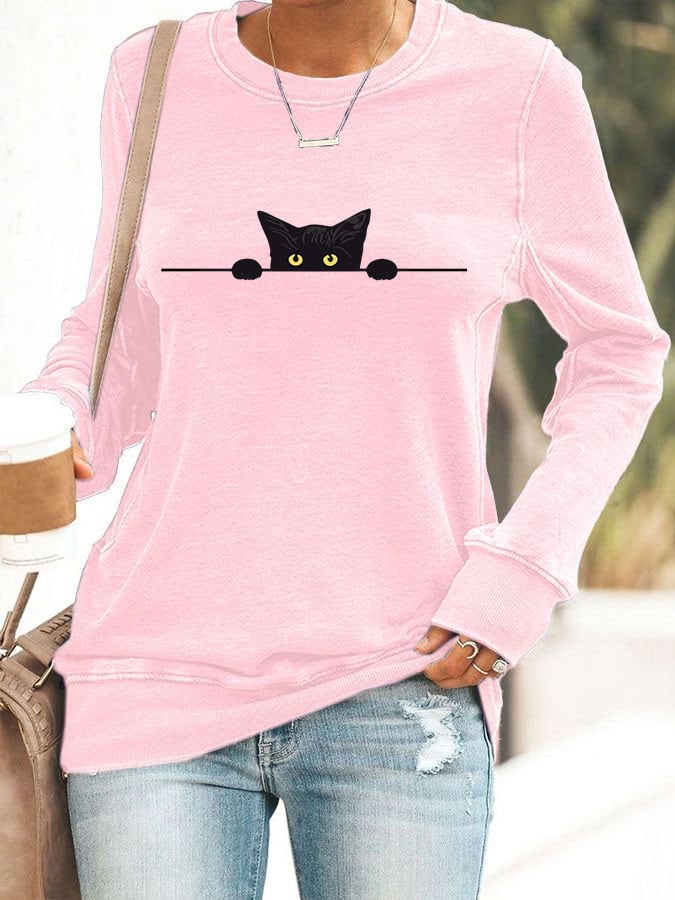 Women's Cat Printed Crew Neck Sweatshirt