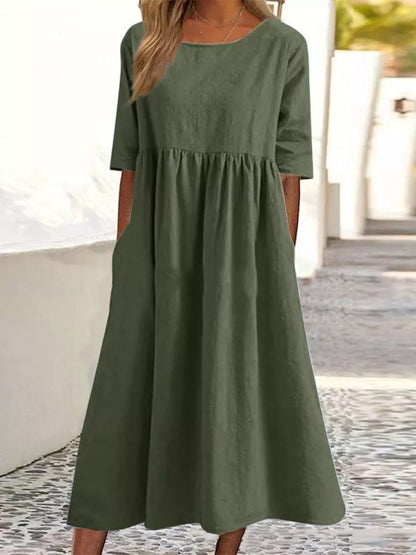 2025 spring and summer new round neck 5-quarter sleeve large size loose long cotton and linen dress
