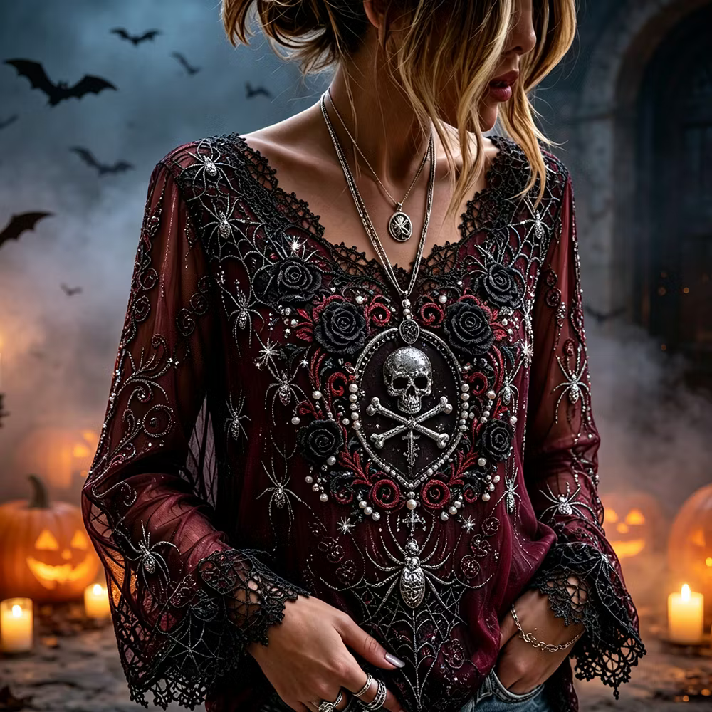 Women's Gothic V-neck Long-sleeved Blouse, Decorated With Skull, Cross And Spider Web Patterns.