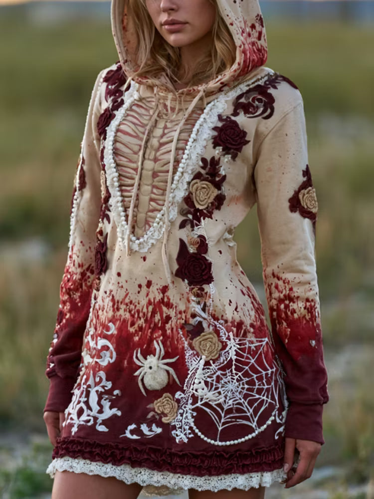 Women's Retro Halloween Human Bones And Floral Embroidery Hoodie