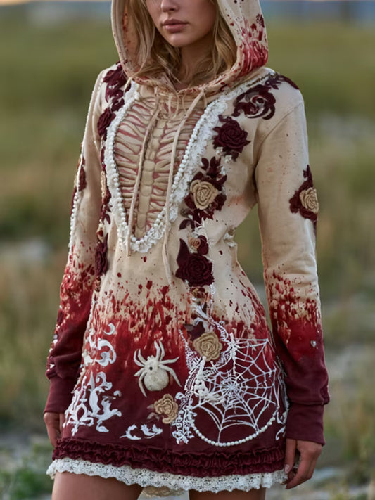 Women's Retro Halloween Human Bones And Floral Embroidery Hoodie