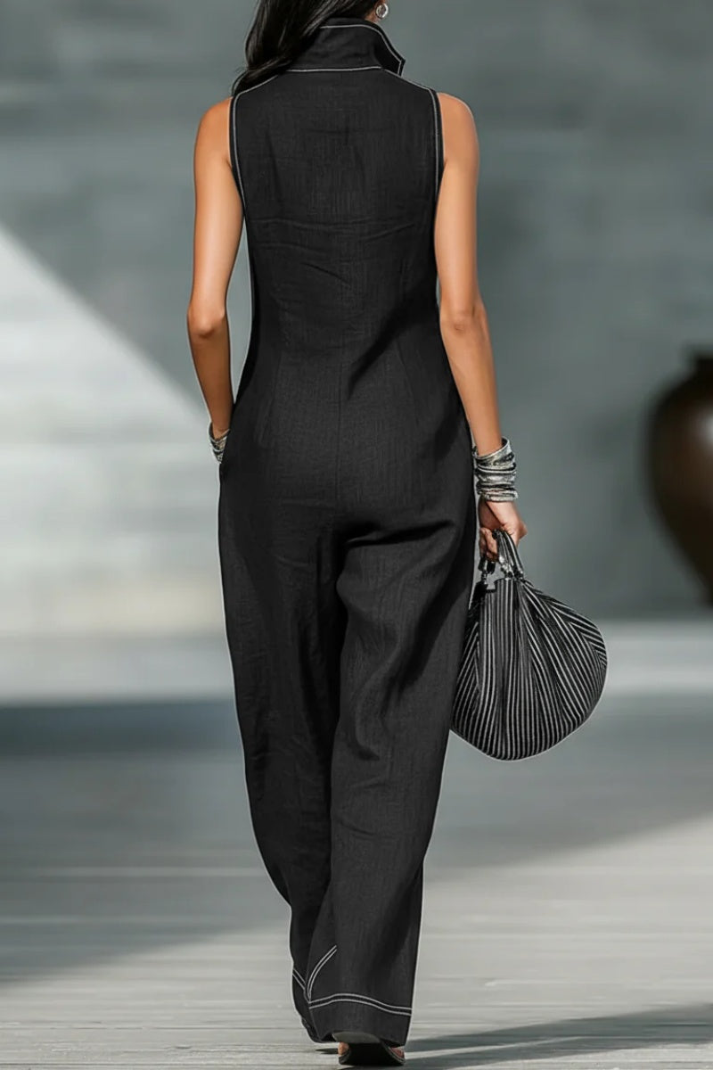 Women's Minimalist Loose-fitting White Trim Sleeveless Jumpsuit