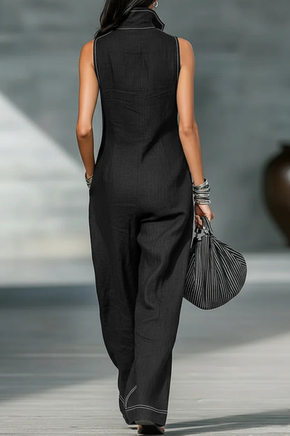 Women's Minimalist Loose-fitting White Trim Sleeveless Jumpsuit
