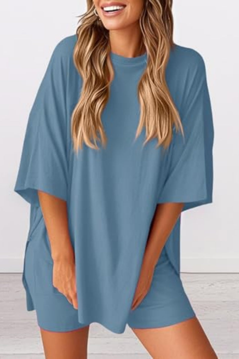 Women 2 Piece Outfits Crew Neck Oversized Tshirts and Biker Shorts with Pocket Matching Lounge Sets