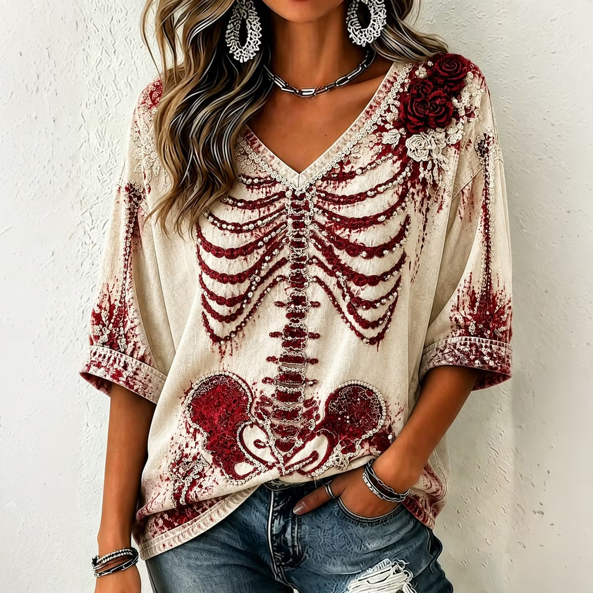 Women's Halloween Bloody Skull Art V Neck Three-quarter Sleeve T-shirt