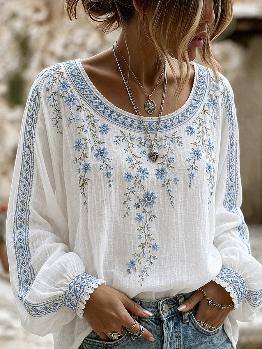 Women'S Floral Printed Casual Cotton And Linen Top