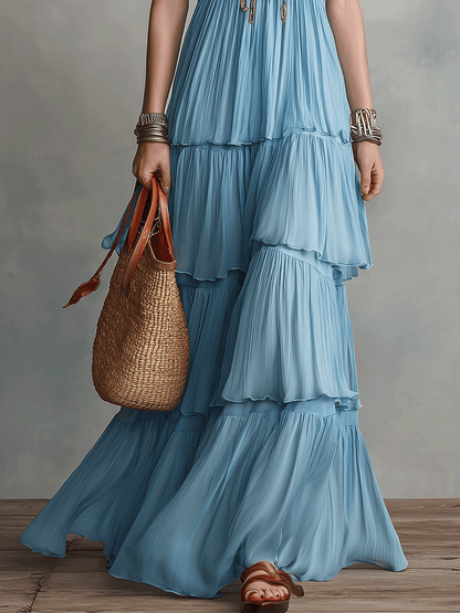 Elegant Bohemian Flowing Resort Chic Sky Blue Tiered Halter Maxi Dress