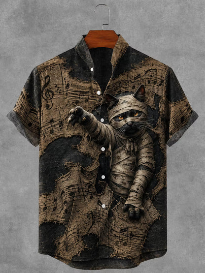 Men's Halloween Gothic Bandage Black Cat Art Short Sleeve Linen Shirt