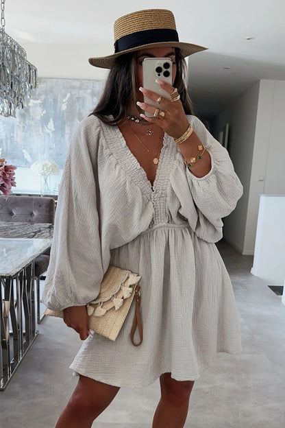 Cheesecloth Ruched Detail V-Neck Dress
