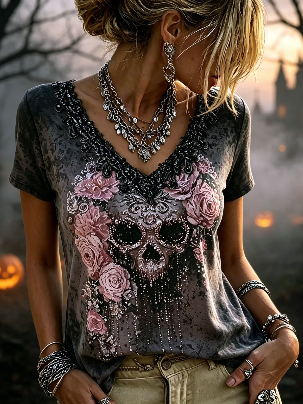 Women's Retro Halloween Style Skull And Rose Sequin Embroidered Print Top