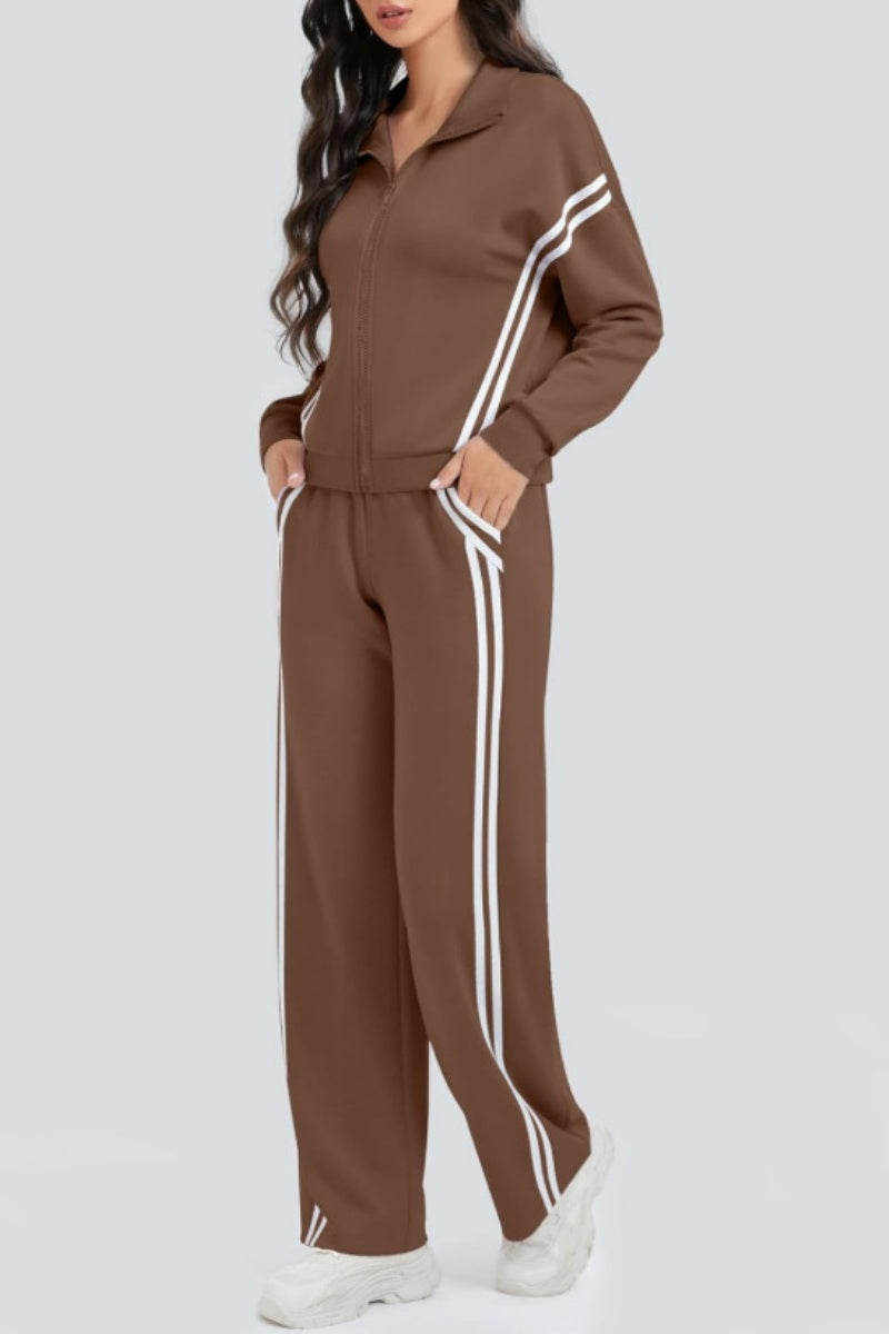 Zippered Tracksuit With Color-blocked Striped Wide-leg Pants