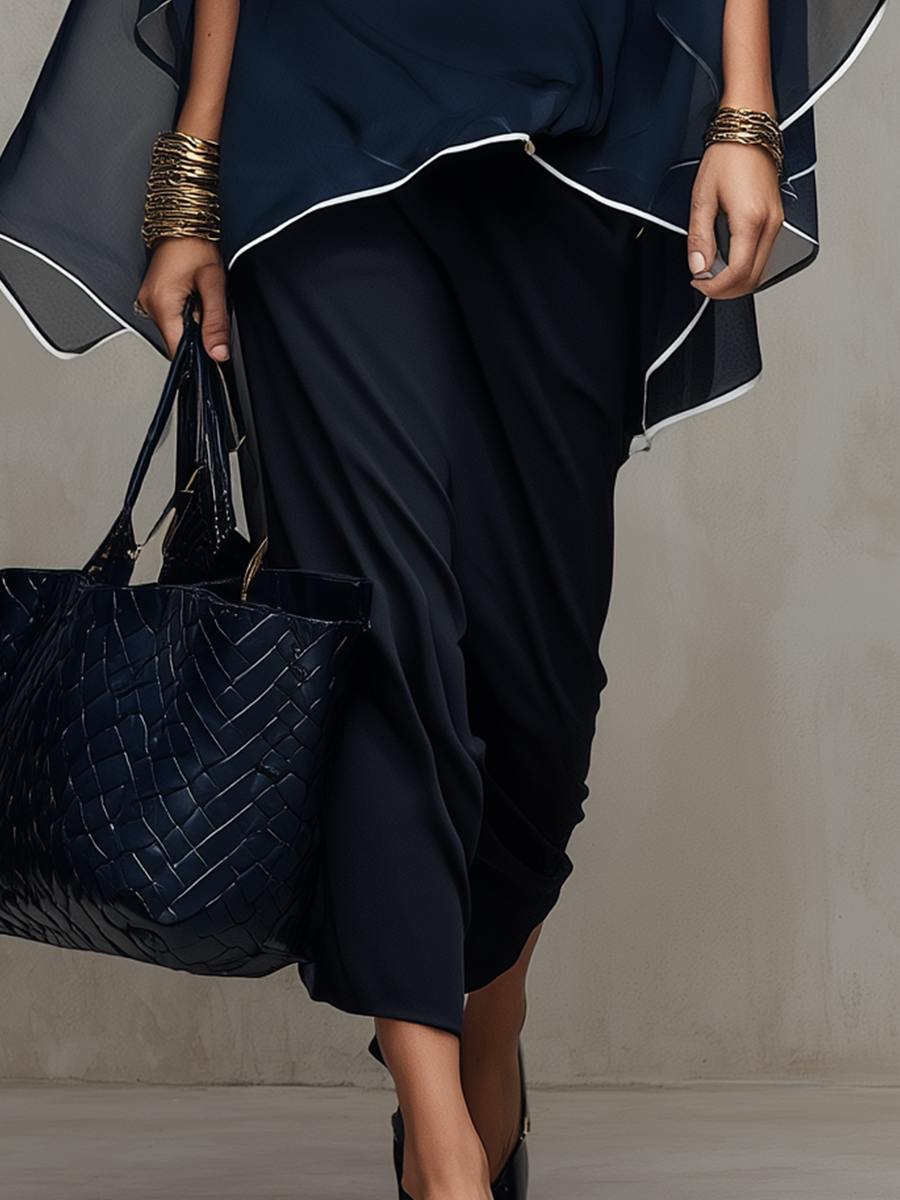 Elegant Navy Sheer Contrast-Trim Batwing Sleeve & Midi Dress Co-ord Set