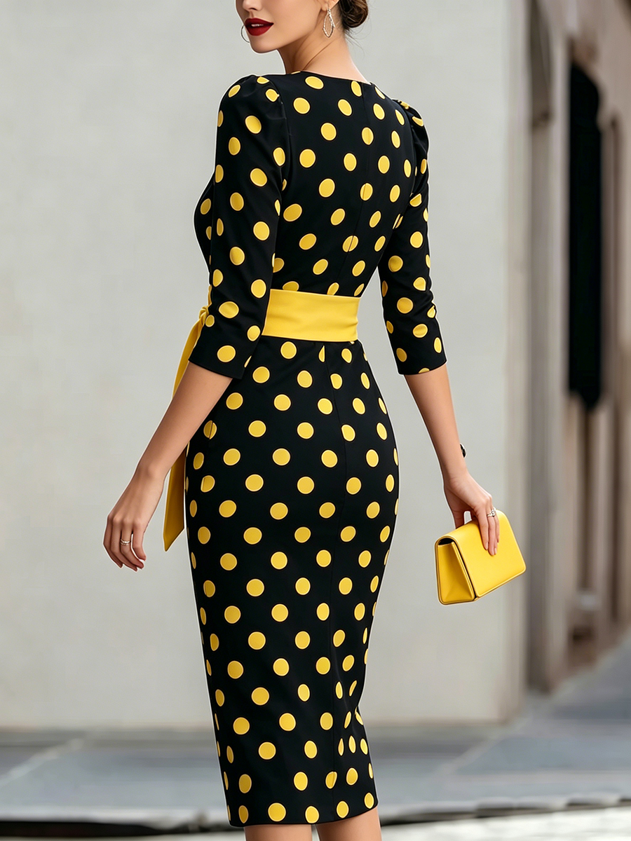 Elegant Artistic Polka-dot Print Stretch Dress