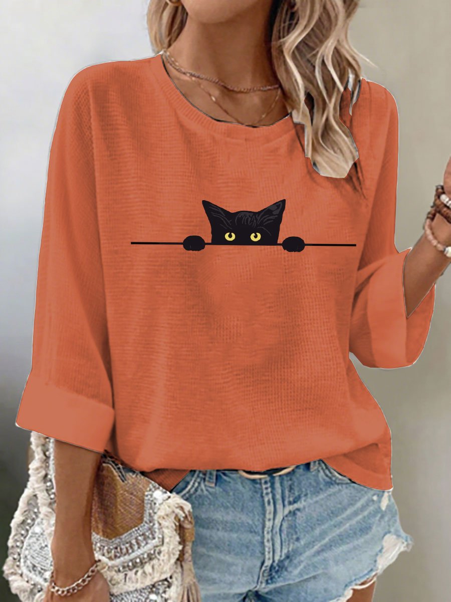 Women's Cat Print Waffle Long Sleeve T-Shirt