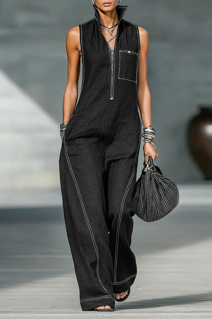 Women's Minimalist Loose-fitting White Trim Sleeveless Jumpsuit