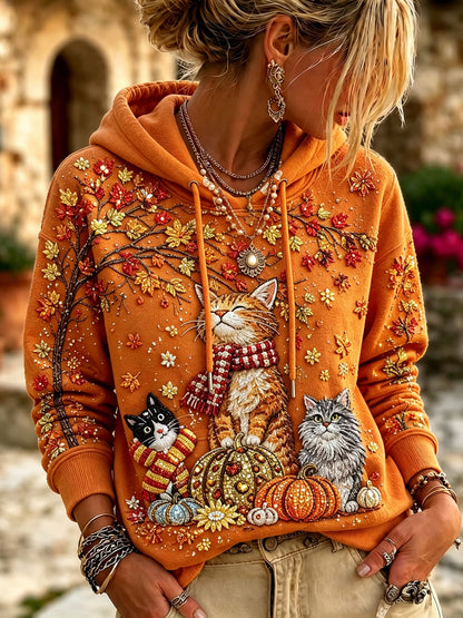 Women's Vintage Autumn Cat Art Pattern Casual Hoodie