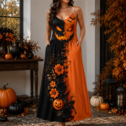 Women's Halloween Spooky Split-color Pumpkin Face & Floral Print Maxi Dress