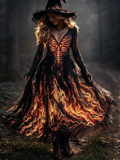 Women's Retro Halloween Style Skull And Flame Print Dress