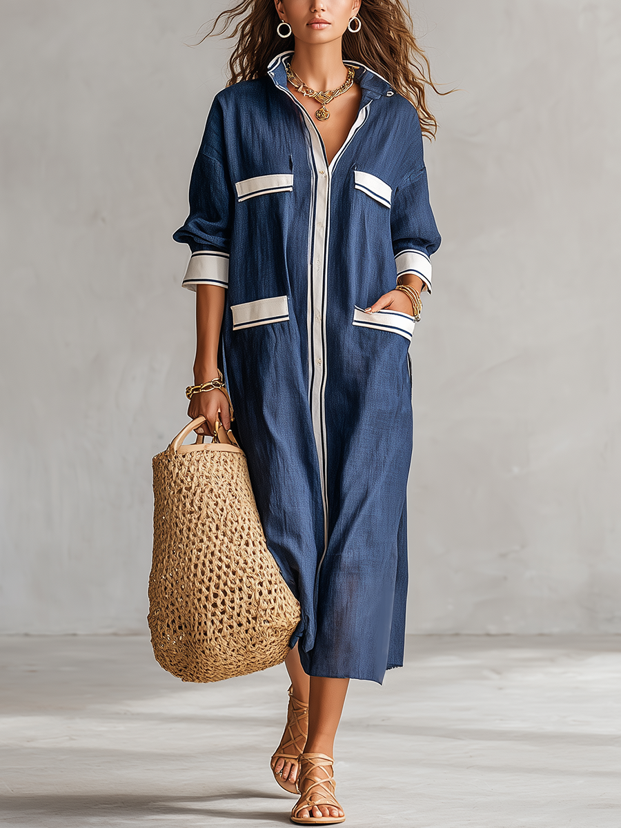 Refined Contrast-Trim Linen Shirt Dress