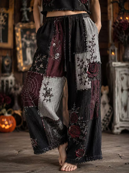 Women's Halloween Retro Skull Spiderweb Rose Color Block Cotton Linen Pants