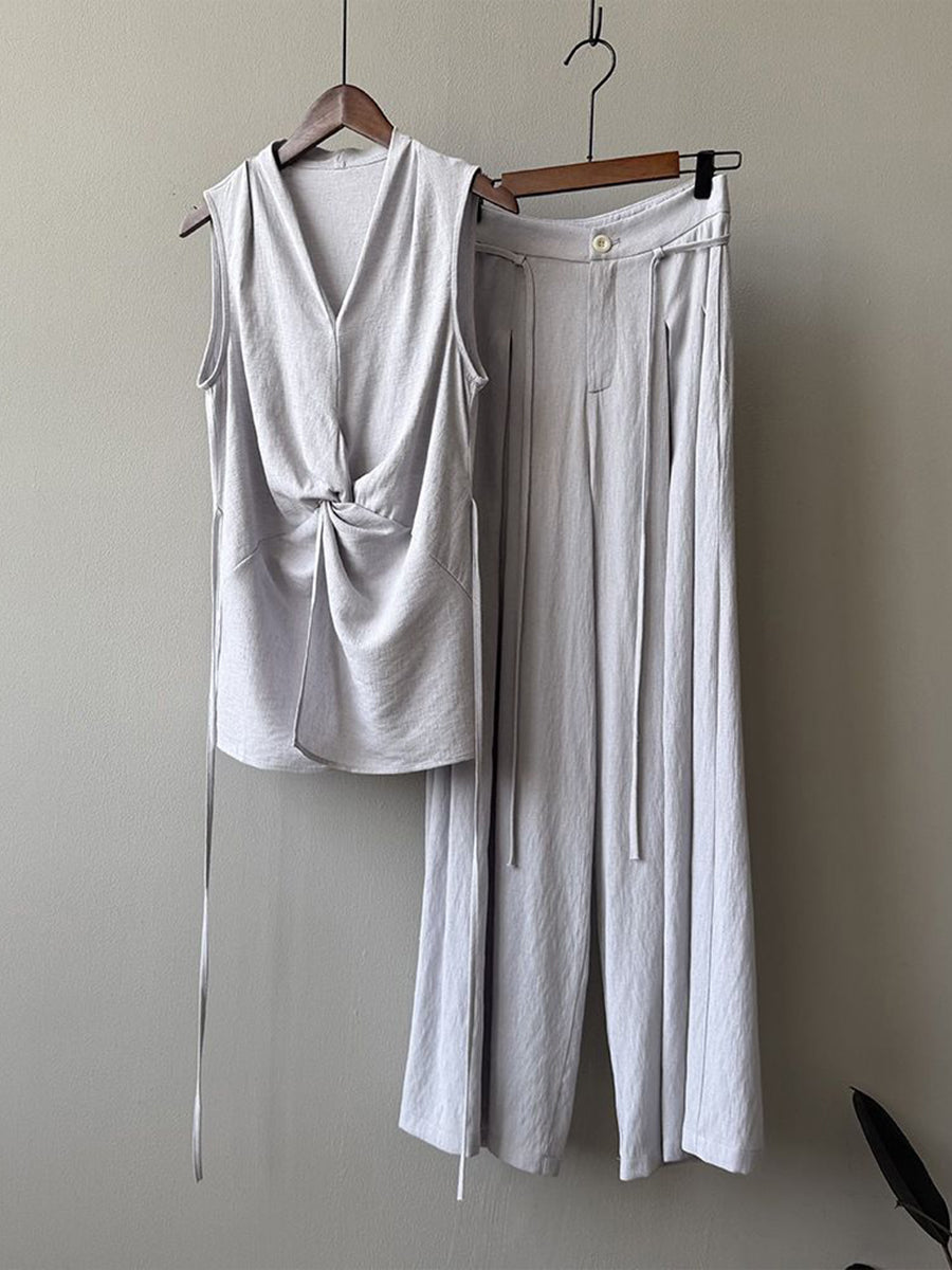 Casual Two-piece Set: Floral-print Linen & Cotton Top And Solid-color Trousers