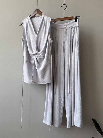 Casual Two-piece Set: Floral-print Linen & Cotton Top And Solid-color Trousers
