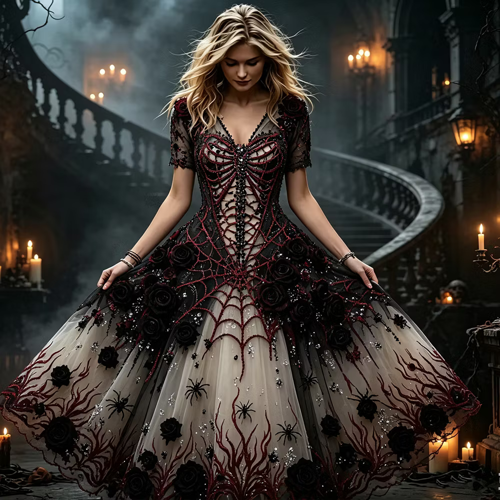 Women's  Gothic-style Short-sleeved Long Dress, Decorated With Spider Webs, Roses And Spider Patterns.