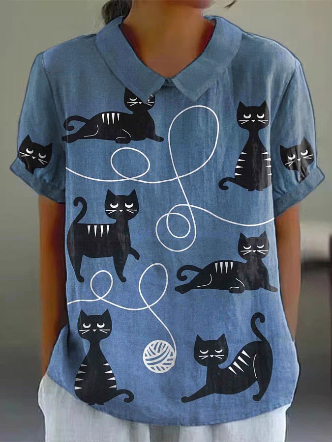 Women's Animal Cat Print Casual Lapel T-Shirt