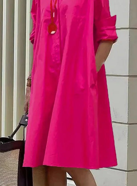 Spring-Summer New Type Fashion Temperament Shirt Collar Long Sleeve Pocket Mid-Length Dress