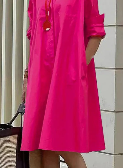 Spring-Summer New Type Fashion Temperament Shirt Collar Long Sleeve Pocket Mid-Length Dress