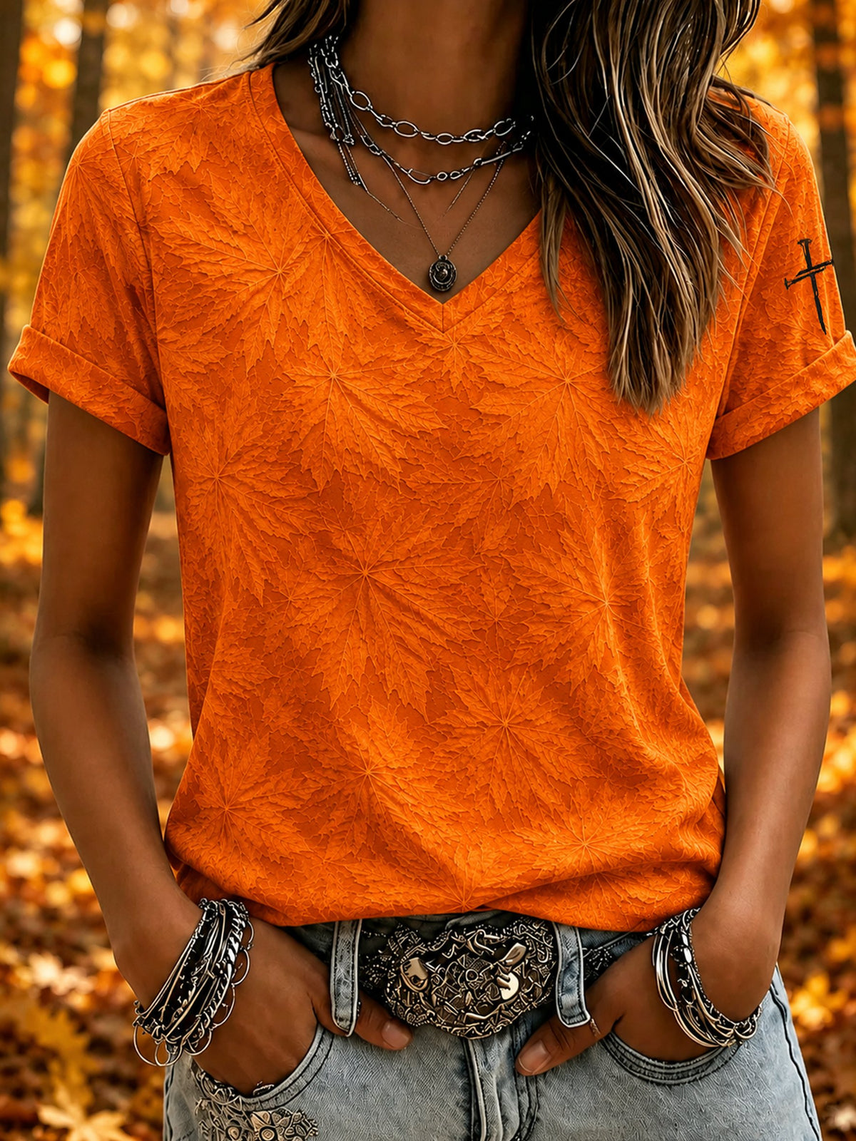 Women's Autumn-themed Printed V-neck Top