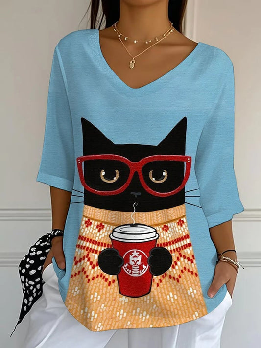 Women'S Autumn Cozy Cat in Clothes Print T-Shirt