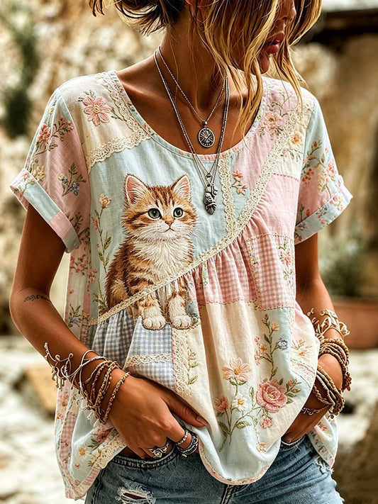 Women's Casual Animal Cat Floral Cotton Linen Top