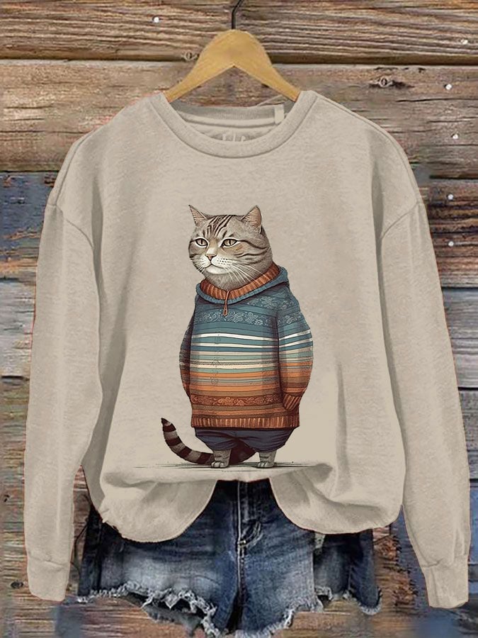 Women's Winter Cat Print Crew Neck Sweatshirt