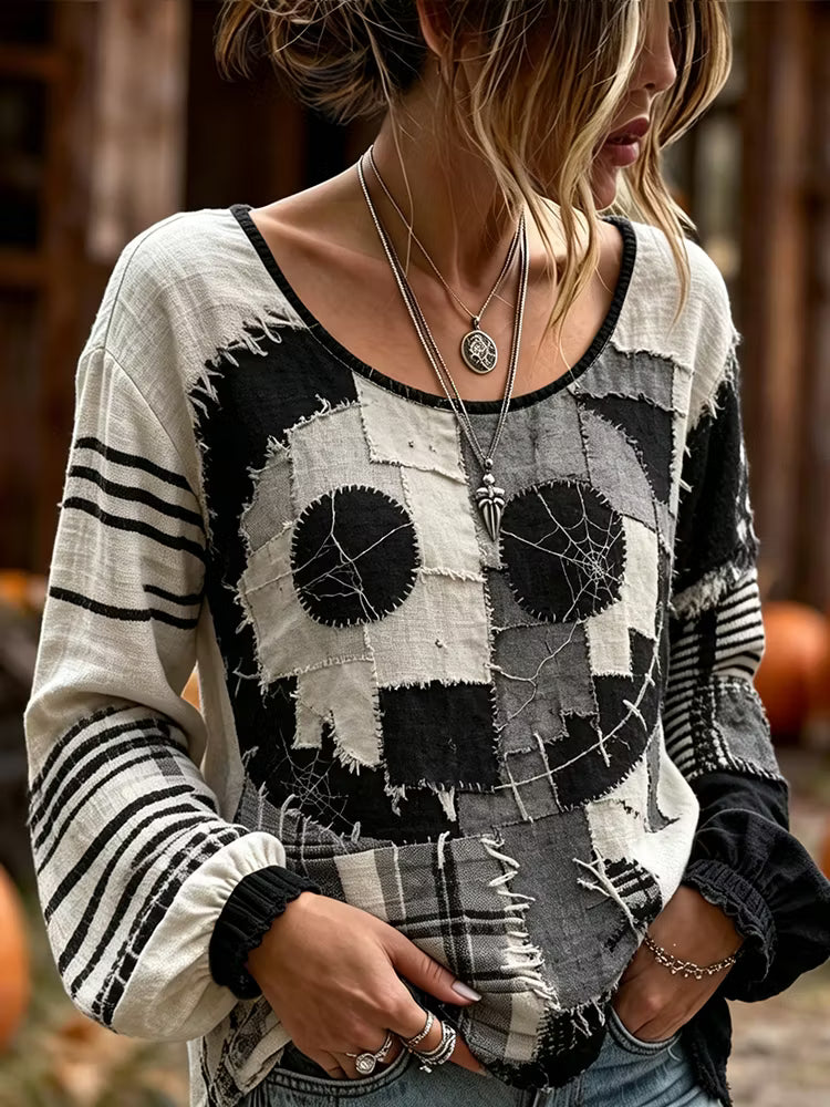 Women's Halloween Jack-o'-lantern Art Embroidered Linen Blend Round Neck Long Sleeve Tops