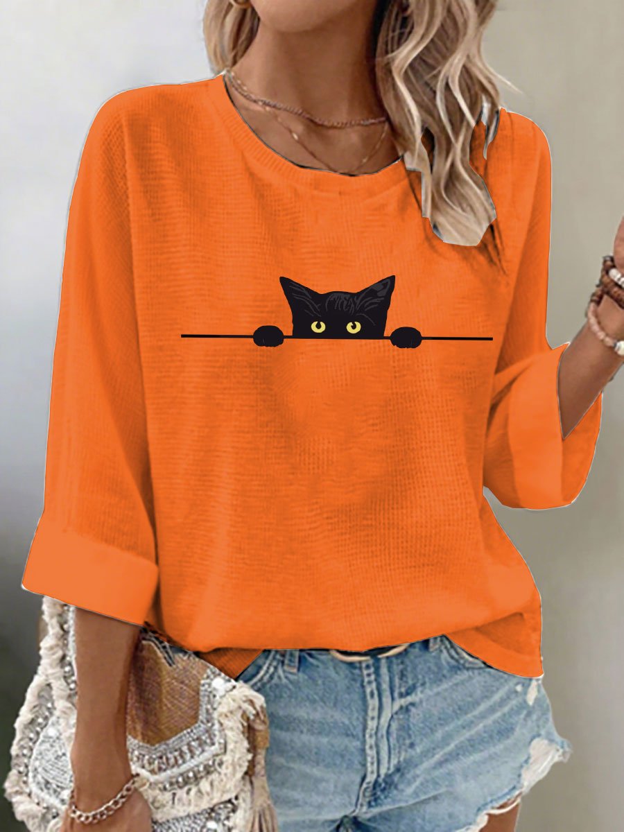 Women's Cat Print Waffle Long Sleeve T-Shirt