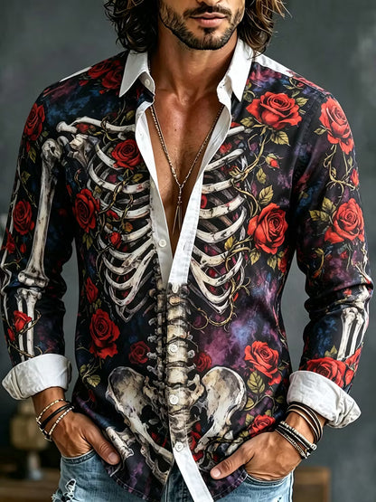 Men's Retro Halloween Rose Skull Print Long-sleeved Cotton Linen Shirt